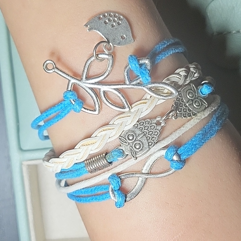 Blue white and silver layered braclet with charms